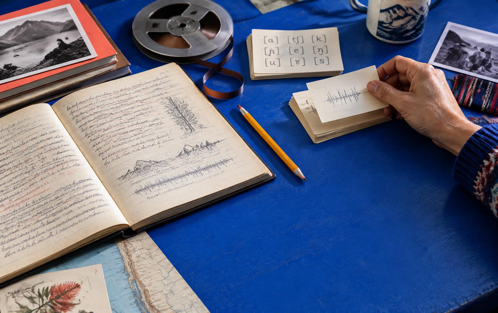 Mesa de trabajo con cuadernos, cintas y anotaciones fonéticas