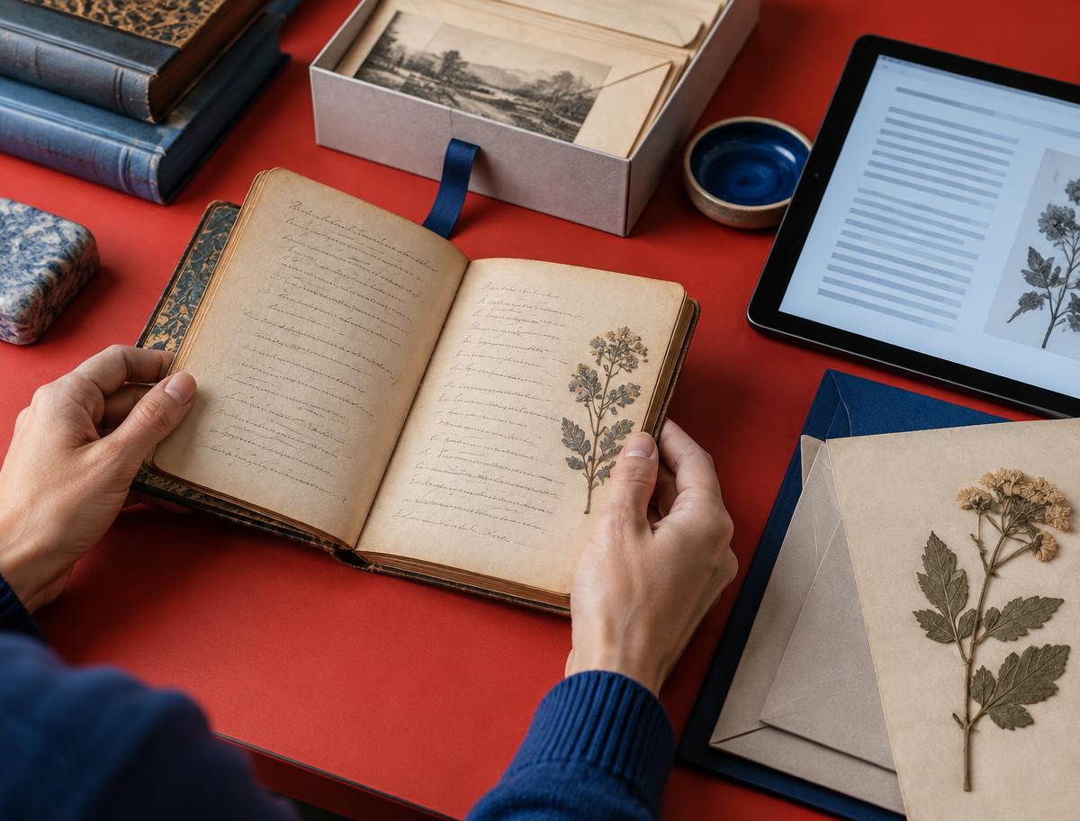 Cuaderno poético abierto junto a una tableta digital